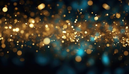 Fototapeta na wymiar Neon Blue With Gold Particles Abstract Sparkles Bokeh Background.