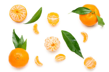 Many sweet mandarins with leaves on white background