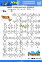 Alphabet Maze Game learning number 41 to 55 with cuttlefish cartoon