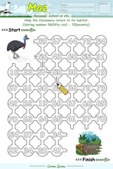 Alphabet Maze Game learning number 56 to 70 with cassowary cartoon