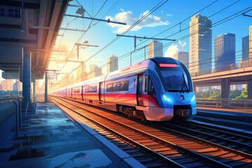 Fototapeta premium the train travels against the backdrop of a city landscape