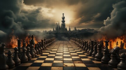 illustration of a chess game, with dark cinematic light. - obrazy, fototapety, plakaty