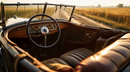 Behind the Wheel: Inside View of a Vintage Automobile with Luxurious Leather Seats During Sunset