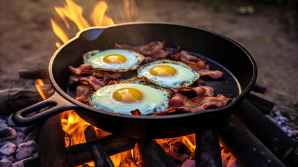 Camping breakfast with bacon and eggs in a cast iron skillet. Fried eggs with bacon in a pan in the forest. Food at the camp. Scrambled eggs with bacon on fire. Picnic
