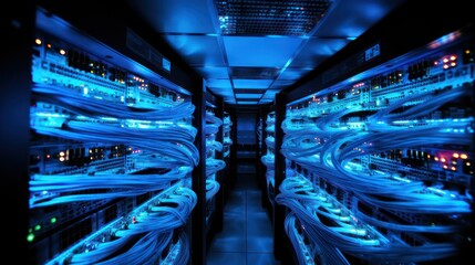 Twisted Pair cables neatly arranged in mainframe room data center rack, modern telecommunications technology internet.