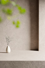 A background rich in shading that you can use in your designs. Textured walls and podium with sunlight shining through. 3d rendering.