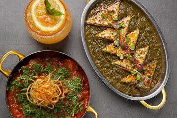 Curry, saag paneer and mango drink