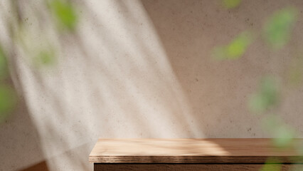 A background rich in shading that you can use in your designs. Textured walls and podium with sunlight shining through. 3d rendering.