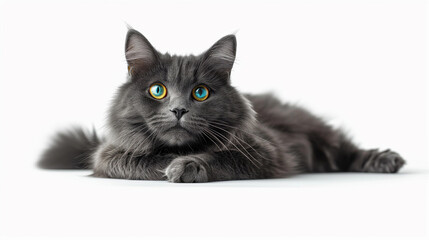 Beautiful gray cat resting on a white background