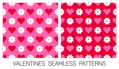 Set of simple geometric heart and flower seamless pattern design for valentine&rsquo;s day