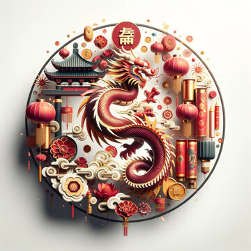 A celebrating the Chinese New Year, 3d style featuring traditional symbols dragon and elements, white background.