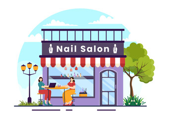 Nail Polish Salon Vector Illustration with Receiving of Manicure or Pedicure with Tools and Accessories to a Young Girl Concept in Flat Background