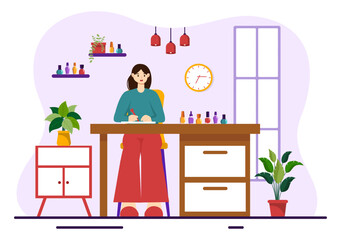Nail Polish Salon Vector Illustration with Receiving of Manicure or Pedicure with Tools and Accessories to a Young Girl Concept in Flat Background