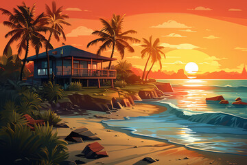 Summer tropical landscape with bungalow on ocean beach with sunset