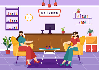 Nail Polish Salon Vector Illustration with Receiving of Manicure or Pedicure with Tools and Accessories to a Young Girl Concept in Flat Background