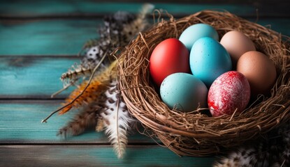 Obraz premium Speckled Easter eggs in basket with feather decor.