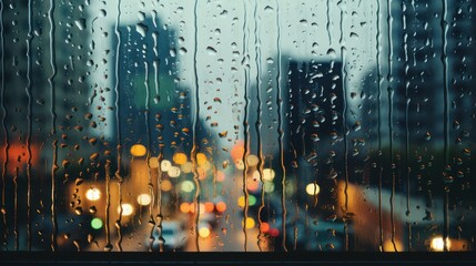 Background view of wet building window glass condensed by rainwater. With blurry urban views at night. - 716118603
