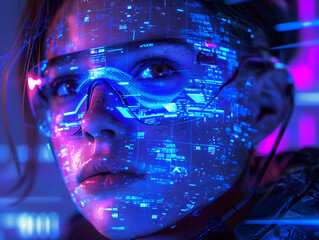 Portrait of a beautiful kid with glowing neon lines on her face 3D rendering.