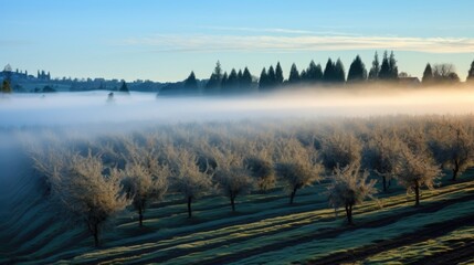 A sea of fog fills the orchard, giving the impression of a magical land nestled ast the trees.