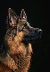 A close up portrait of a german shepherd dog on a black background