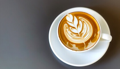 
Fresh cappuchino or flat white coffee in a white cup with latte art on it close-up. High quality photo