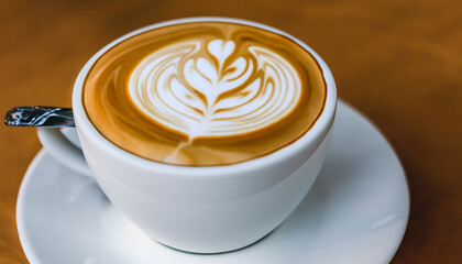 
Fresh cappuchino or flat white coffee in a white cup with latte art on it close-up. High quality photo