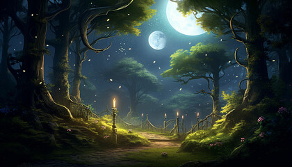 a forest scene with tall twisted trees and a crescent moon in the background