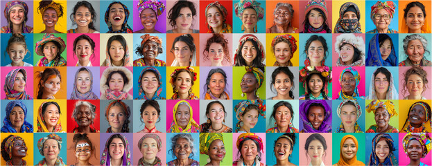 Fototapeta premium Many women and girls of many generations wearing national traditional costumes. Happy people of different races, ethnicities, and nationalities. National identity, multicultural societies concept. 