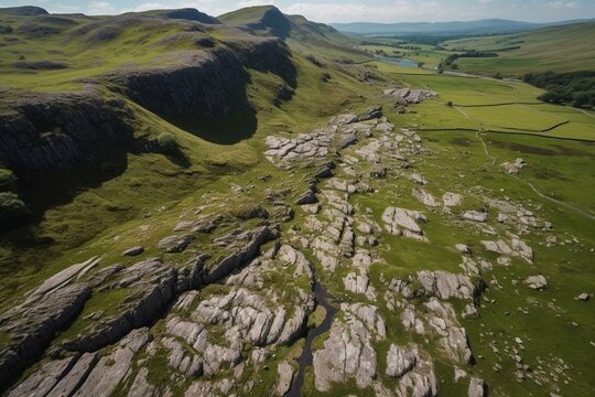 Aerial view of limestone pavement in Crummock Dale, North Yorkshire. Generative AI