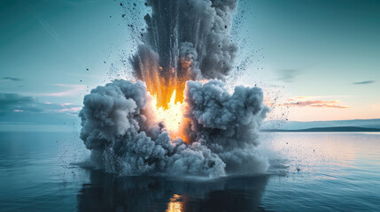 Bomb explosion in sea. Fire and smoke on water. explosion bomb in ocean. nuclear in sea - obrazy, fototapety, plakaty