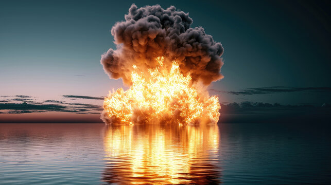 Bomb explosion in sea. Fire and smoke on water. explosion bomb in ocean. nuclear in sea
