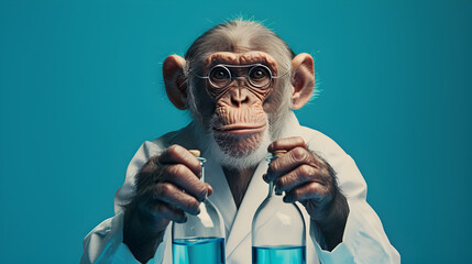 Curious Monkey Scientist Holding Glass Bottles - obrazy, fototapety, plakaty