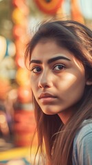 Portrait of a beautiful young woman with long brown hair and bright make-up