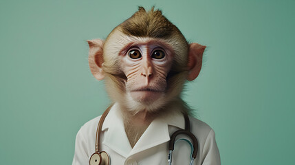 Cute Monkey in Doctor Dress with Stethoscope - obrazy, fototapety, plakaty
