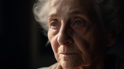 Close up portrait of an elderly woman with a sad expression on her face