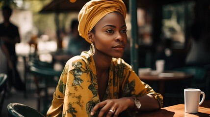 beautiful african american woman in yellow headscarf sitting in cafe