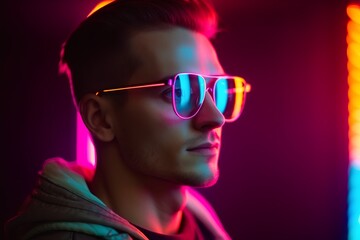 Portrait of a handsome young man in sunglasses on a dark background.
