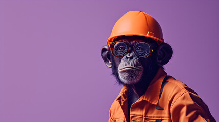 Obraz na płótnie Canvas Funny Chimp in Orange Construction Hat on Purple Background