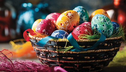 colorful ribbons to the basket handle and around the eggs for a festive and polished look