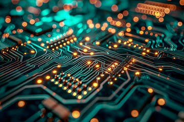 A image that showcases the complex pathways of an electronic circuit board - obrazy, fototapety, plakaty