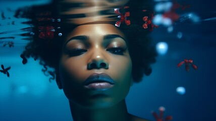 Fashion portrait of beautiful african american woman in water.