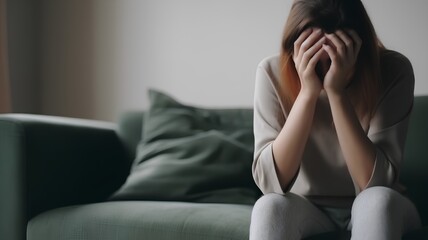 Depressed young woman sitting on sofa in the living room at home