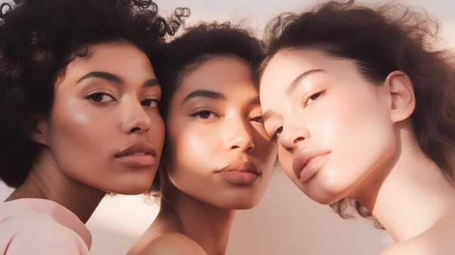 Beauty portrait of three mixed race women with different skin tones.