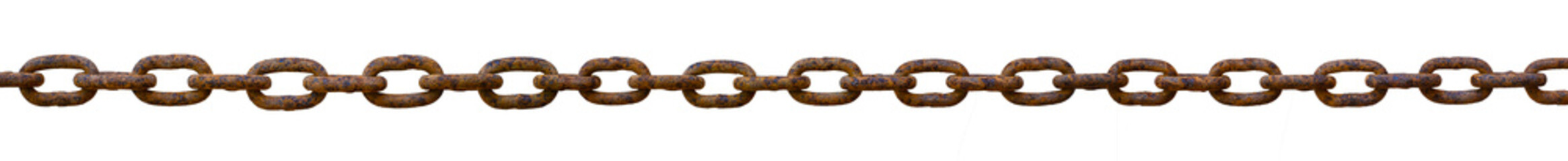 Old rusted metal chain Placed in a straight line on an isolated white background