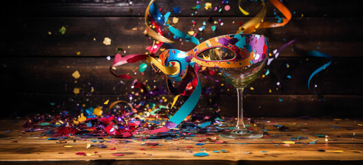 colorful confetti fallen from wine glass with carnival mask on wooden