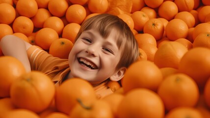 Fototapeta na wymiar Smiling little boy in orange tangerines at the grocery store