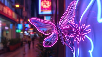 Closeup of a neon erfly sculpture intricately designed and positioned next to a glowing billboard blending the lines between artificial and natural elements - obrazy, fototapety, plakaty