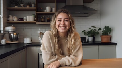 Portrait of a smiling young woman sitting in the kitchen at home