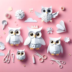 Fototapeta premium The cute and lovely owls paper art, craft, surrealism, 3D digital art, simple background. Generative AI.