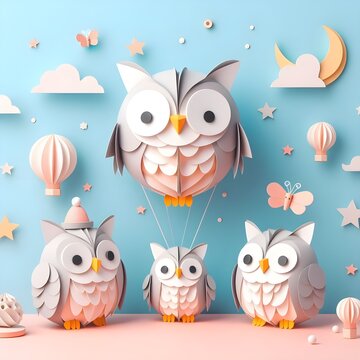 The cute and lovely owls paper art, craft, surrealism, 3D digital art, simple background. Generative AI.